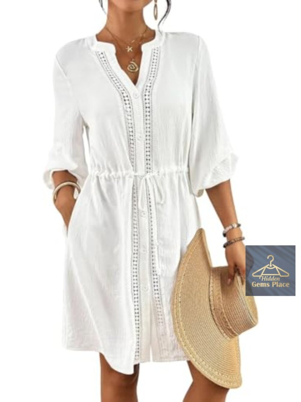 V Neck Bathing Suit Cover Up Beach Shirt Dress 3/4 Sleeve